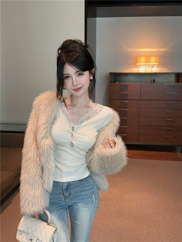 韩系纯欲蕾丝拼接长袖t恤女秋季假两件镂空修身显瘦内搭短款上衣|undefined