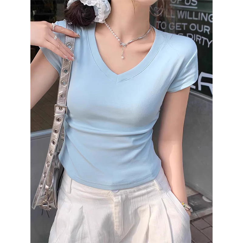 Pure Cotton V-Neck Light Blue Right Shoulder Short-Sleeved T-Shirt for Women Slimming Look Pleated Waist Design Short Top for Summer