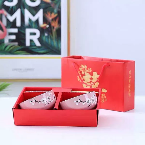 Wedding box of red plum blossoms, 2 bowls and 2 chopsticks