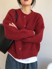 红色毛衣外套女宽松慵懒风早秋韩系针织开衫外穿春秋女装新款上衣