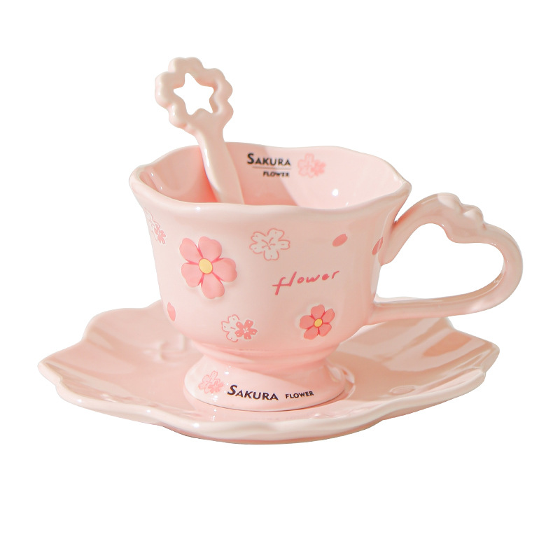 Alto valor de la cara flor de cerezo relieve taza de marca personalidad creativa de la chica corazón de cerámica casera taza de agua taza de café plato regalo de mano