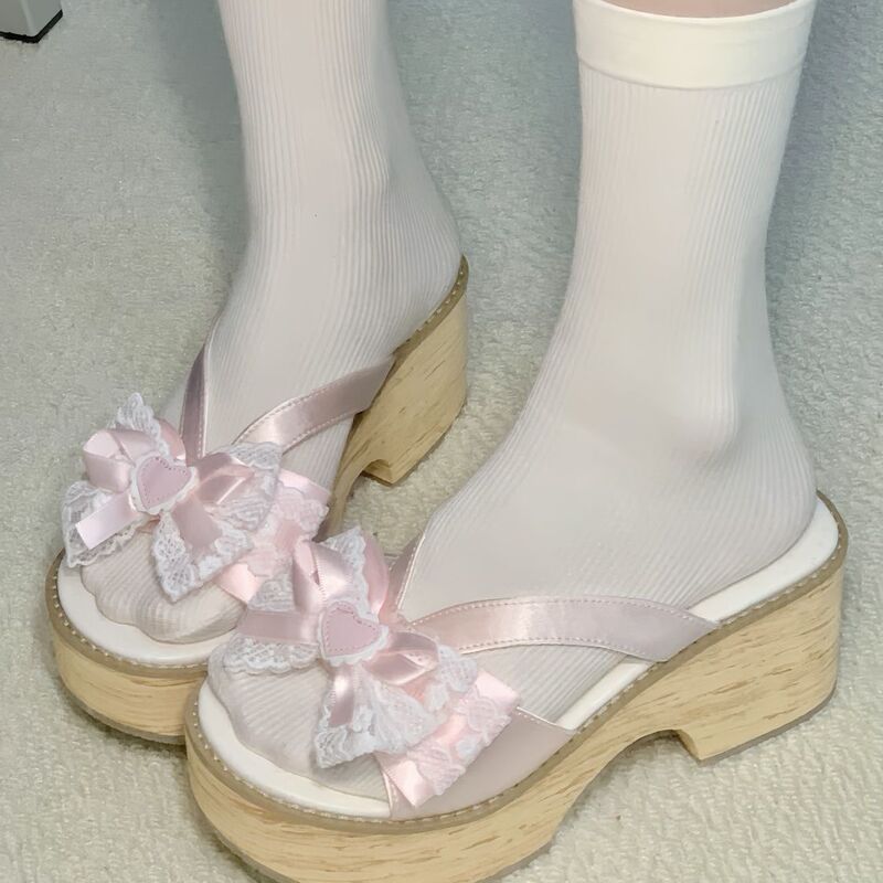 昭和女子 星野あかり リボン木目 厚底 和風太ヒール下駄 クロススリッパ|undefined