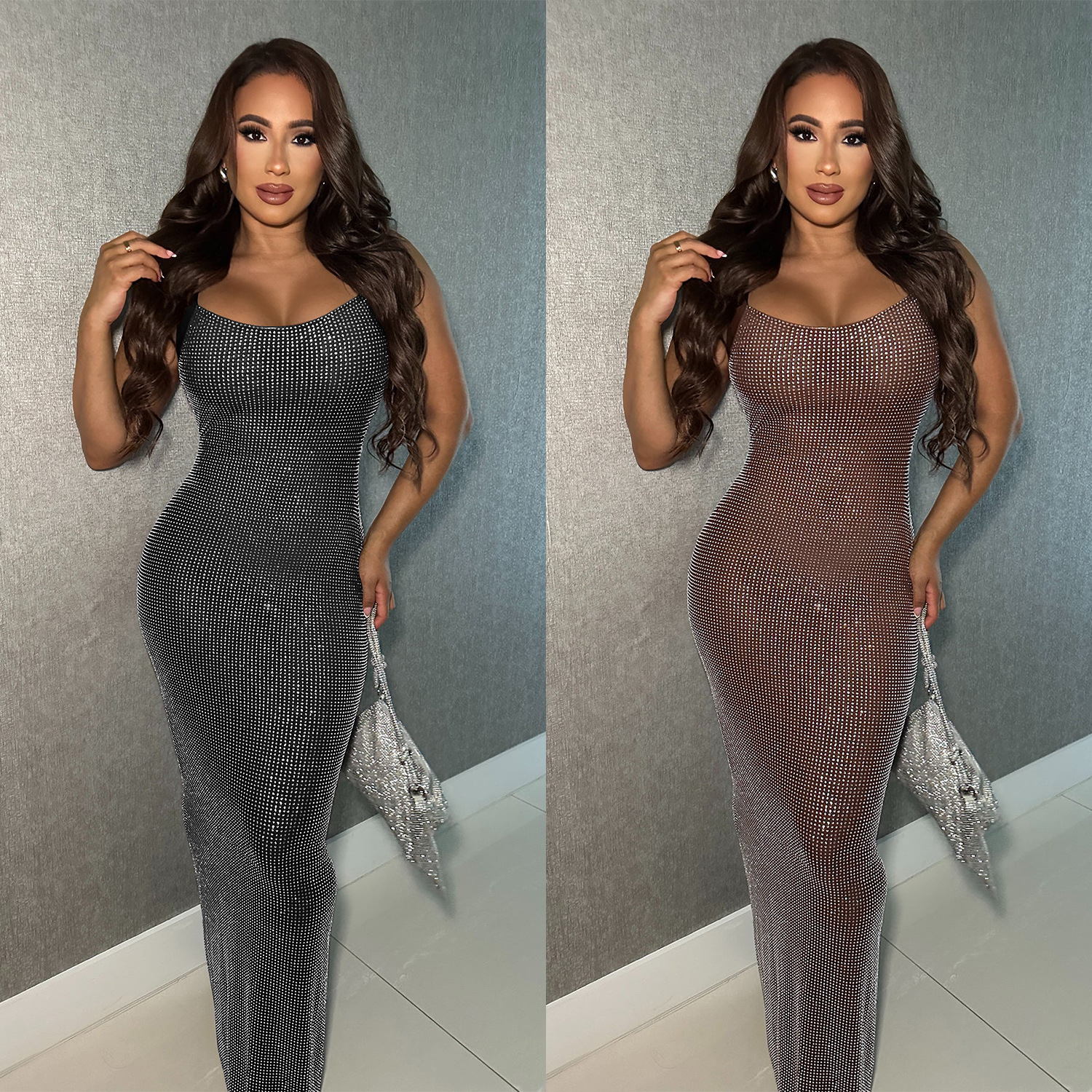 C7551 cross-border AliExpress Amazon Europa y América moda femenina sexy malla de diamantes brazo vestido de espalda abierta