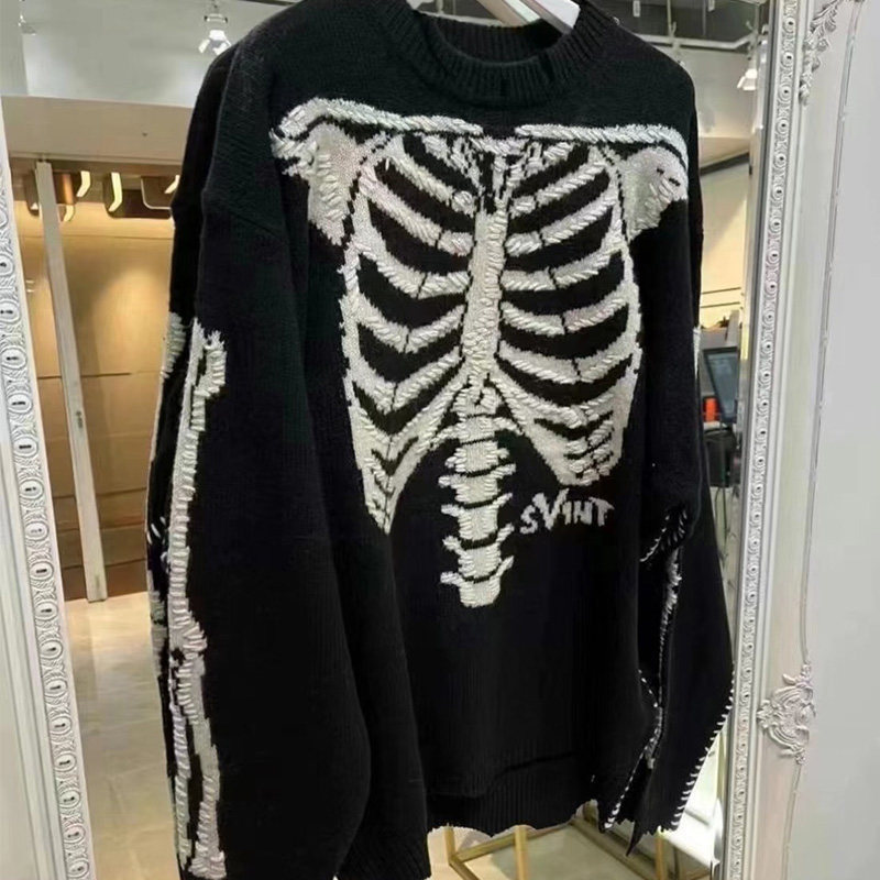 Saint Michael X Vlone Collaboration Skeleton Design Distressed Knit Sweater Unisex Trendy Brand