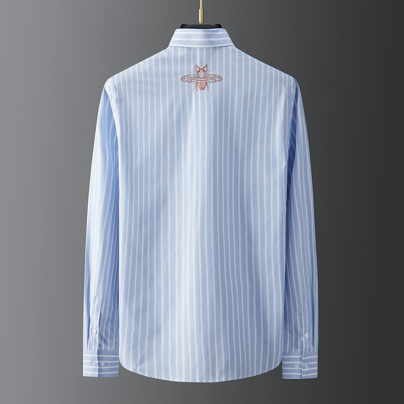European and American fashion blue and white striped shirt cotton men's casual long sleeve back Bee embroidery slim shirt