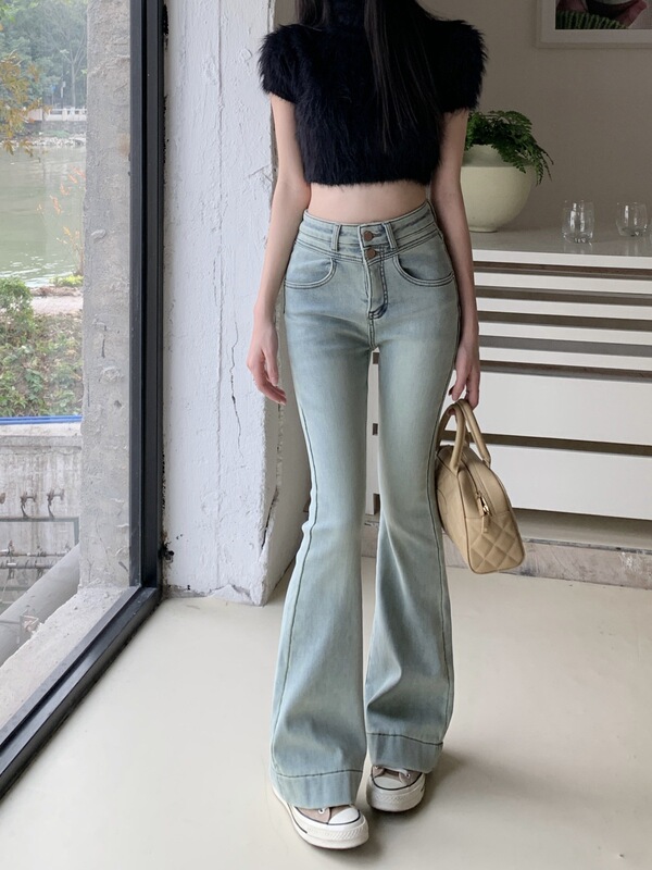 微喇牛仔裤女春秋2025年新款高腰显瘦直筒小个子阔腿喇叭马蹄裤子|undefined