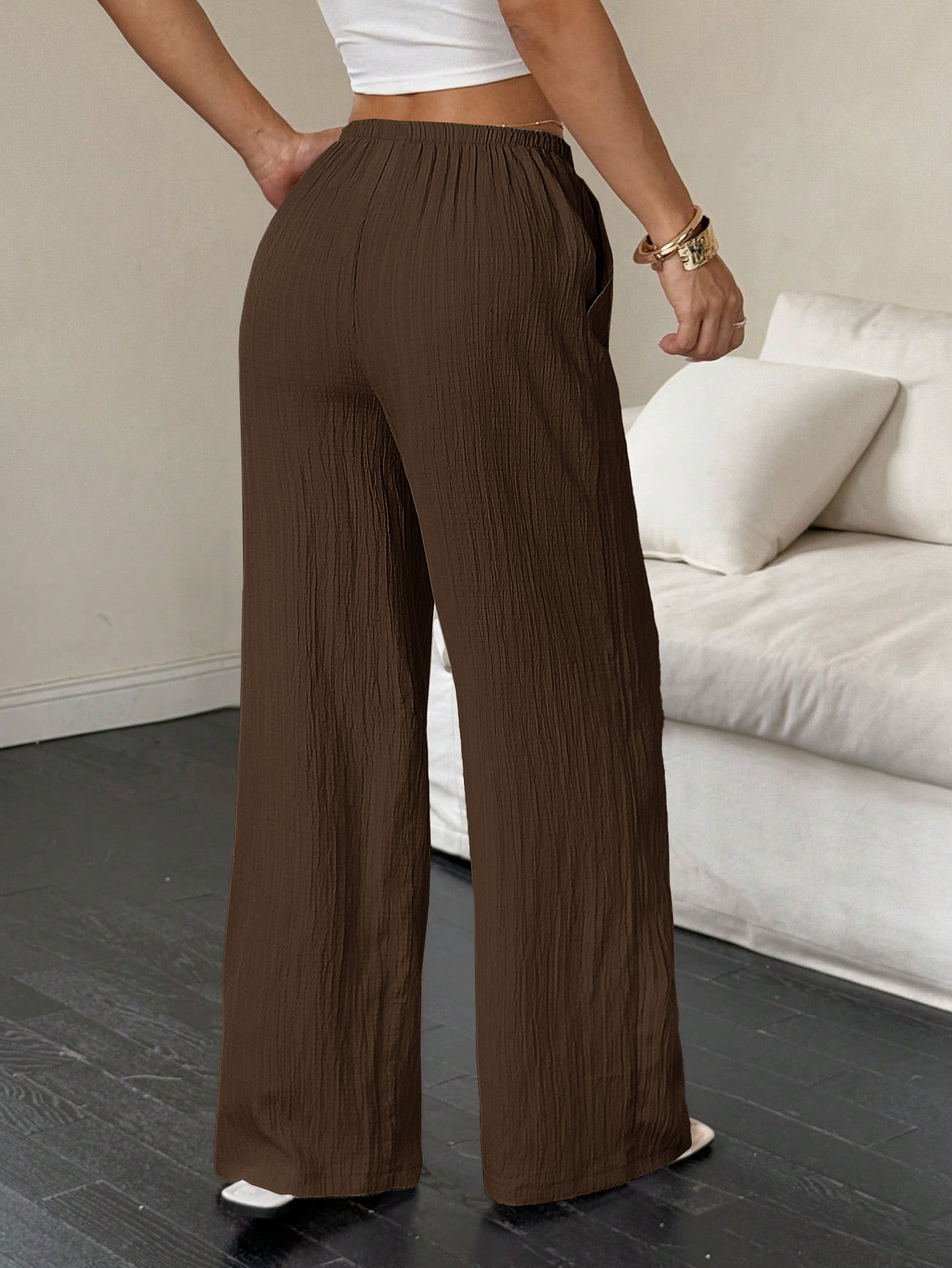 Damen Weithosen Freizeithose Mit Knotentaille Strukturstoff_voghion.com