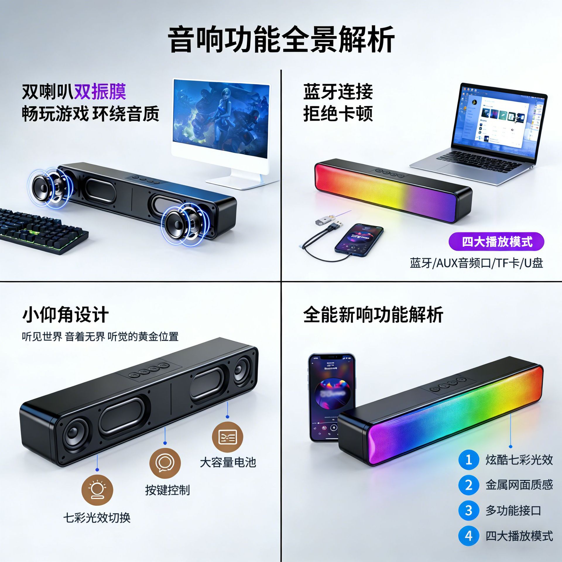 Altavoz Bluetooth LED colorido Barra de sonido calentador altavoz inalámbrico subwoofer ordenador Cable Audio RGB color Luz