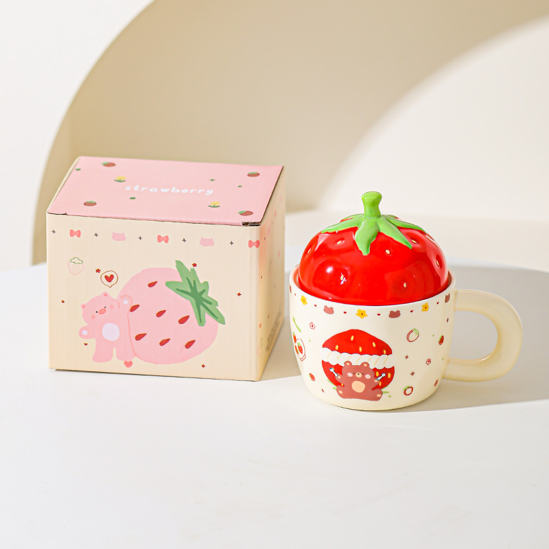 Taza de cerámica de oso de fresa con taza de regalo para chicas taza de marca doméstica de alto valor de pareja taza de desayuno de leche