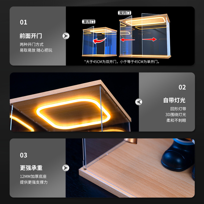 亚克力回型灯可开门展示盒乐高手办盲盒高达模型收纳防尘罩多尺寸|undefined