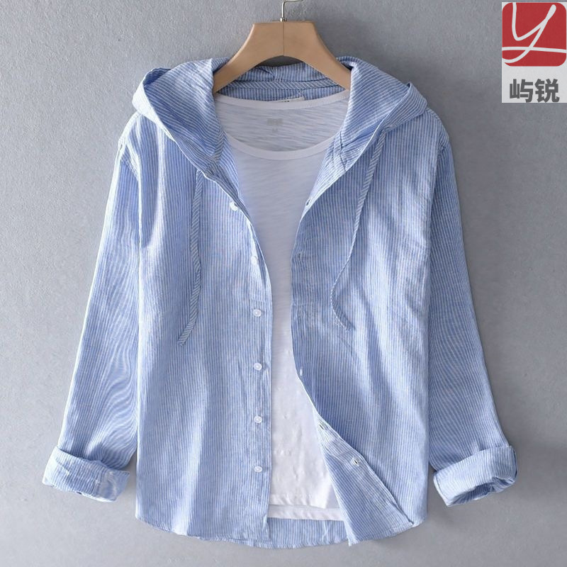 Spring and Autumn new collection: men's lightweight, loose-fitting, solid-color linen shirt with a hood, made of cotton and linen, fashionable and trendy Spring and Autumn new collection: men's lightweight, loose-fitting, solid-color linen shirt with a hood, made of cotton and linen, fashionable and trendy