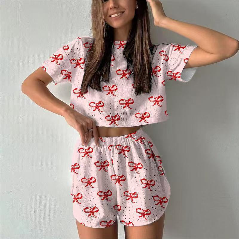 现货跨境欧美女式睡衣家居服套装女士夏季两件套短袖短裤提花时尚|undefined