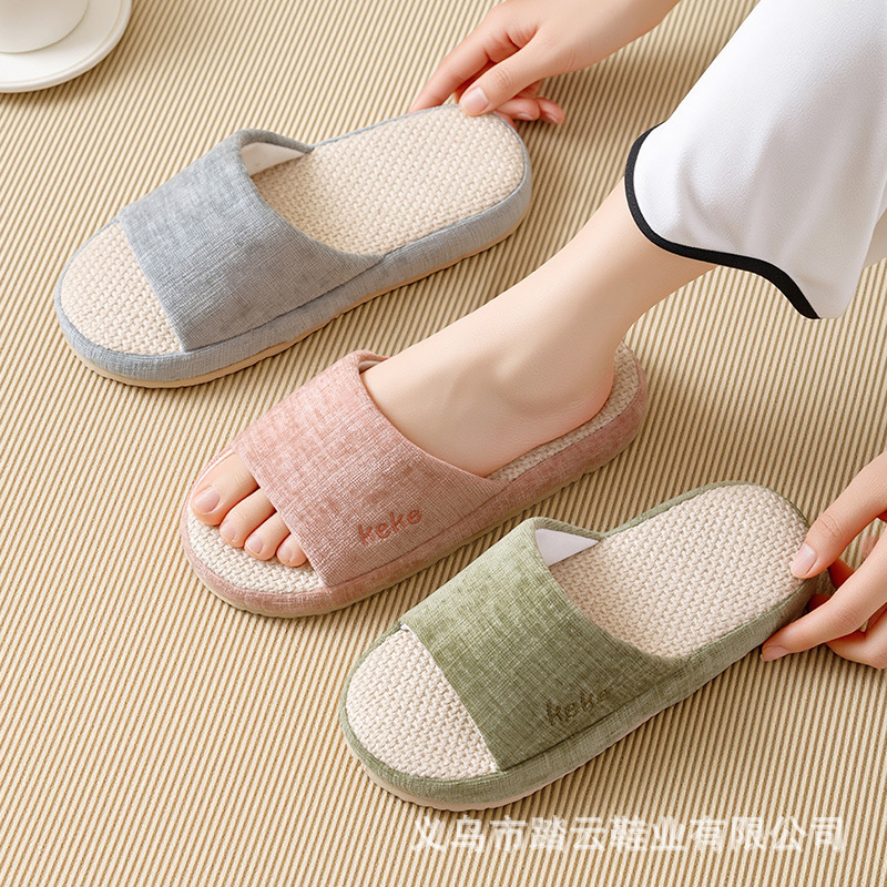 Wholesale non-gray linen breathable sweat-absorbent fabric slippers wooden texture home wear mute four-season cotton and linen mute