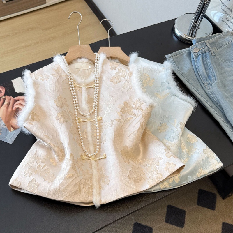 Real Shot of New Chinese-Style Improved National Trend Hanfu with Heavy Jacquard Embroidery, Small Round Collar, Raw Edge, and Fashionable Buttoned Vest