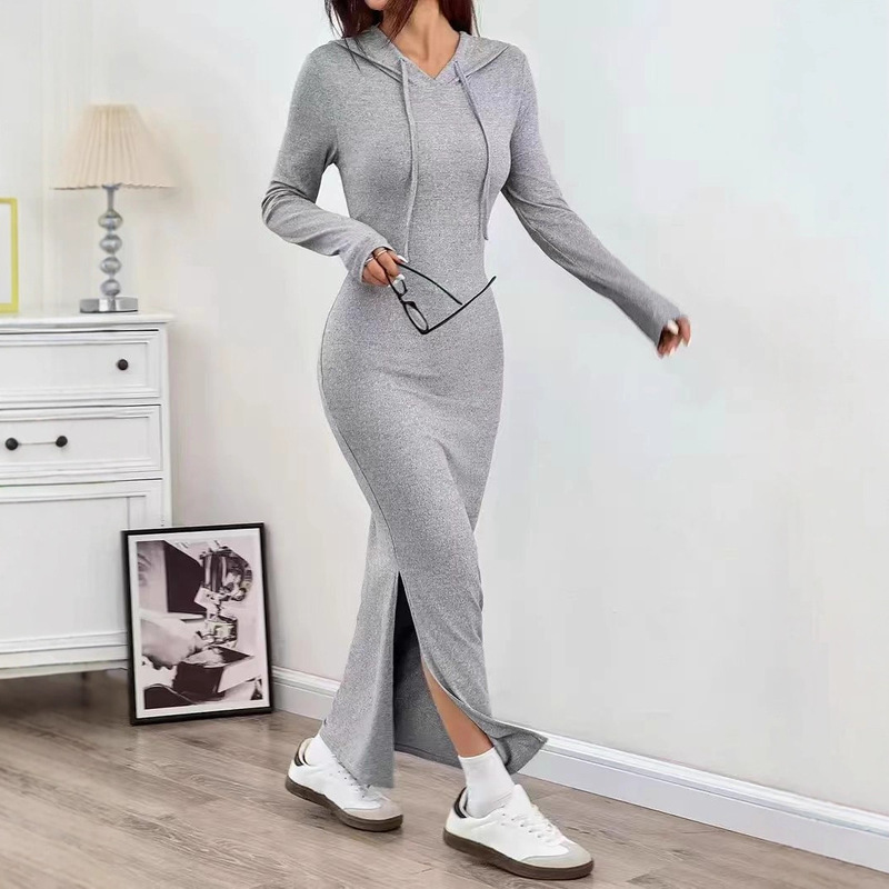 2025 European and American Cross-Border Amazon Casual Autumn and Winter Dress, Hip-Hugging Long-Sleeved Hooded Solid Color Women's Dress 2025 European and American Cross-Border Amazon Casual Autumn and Winter Dress, Hip-Hugging Long-Sleeved Hooded Solid Color Women's Dress