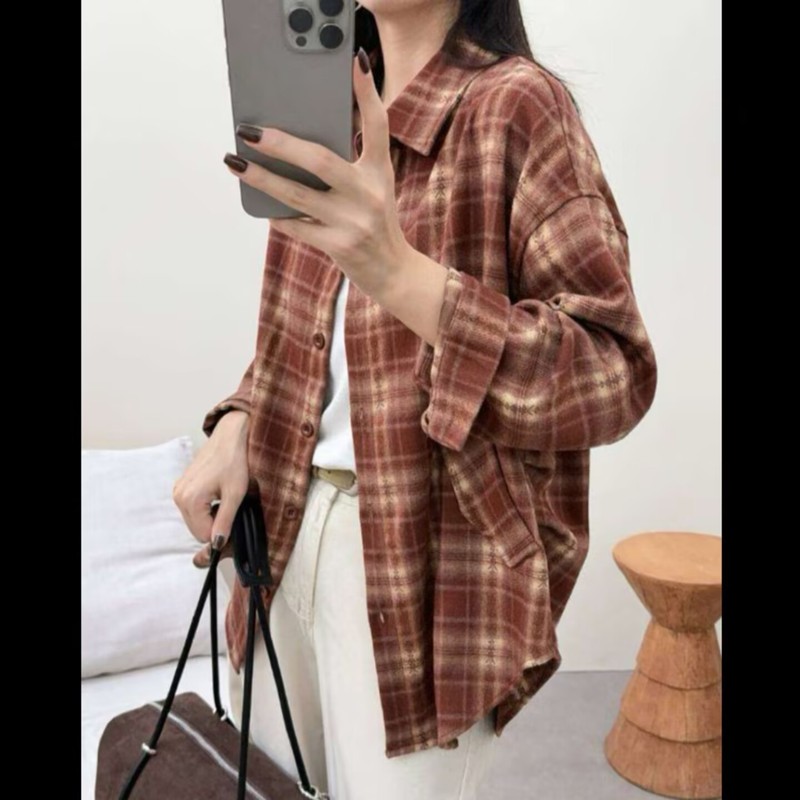 复古美拉德磨毛大码格子衬衫外搭女休闲宽松显瘦慵懒风衬衣上衣潮|undefined