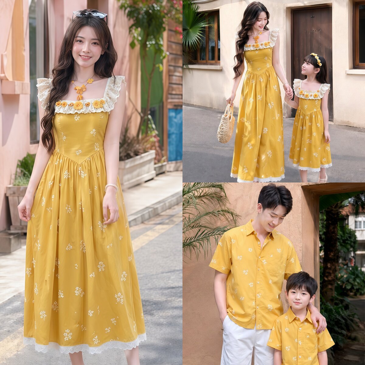 Beach vacation matching outfits for mother and son: yellow embroidered shirts, summer outfits for a family of three in Sanya, including floral dresses.