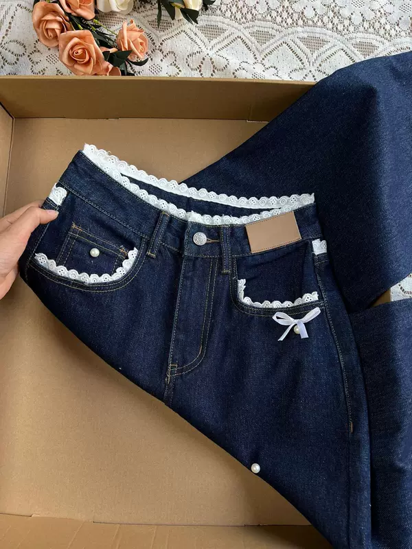 Джинсы, ретро синий, высокая талия с кружевной отделкой, свободные прямые брюки, стиль американских подростков