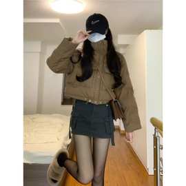 韩版2023咖色短款立领棉服外套女小个子冬季加厚显瘦抽绳面包服潮
