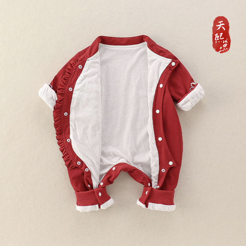 婴幼儿春秋装女宝宝中国风满月百天连体衣红色喜庆周岁礼服外出服|undefined