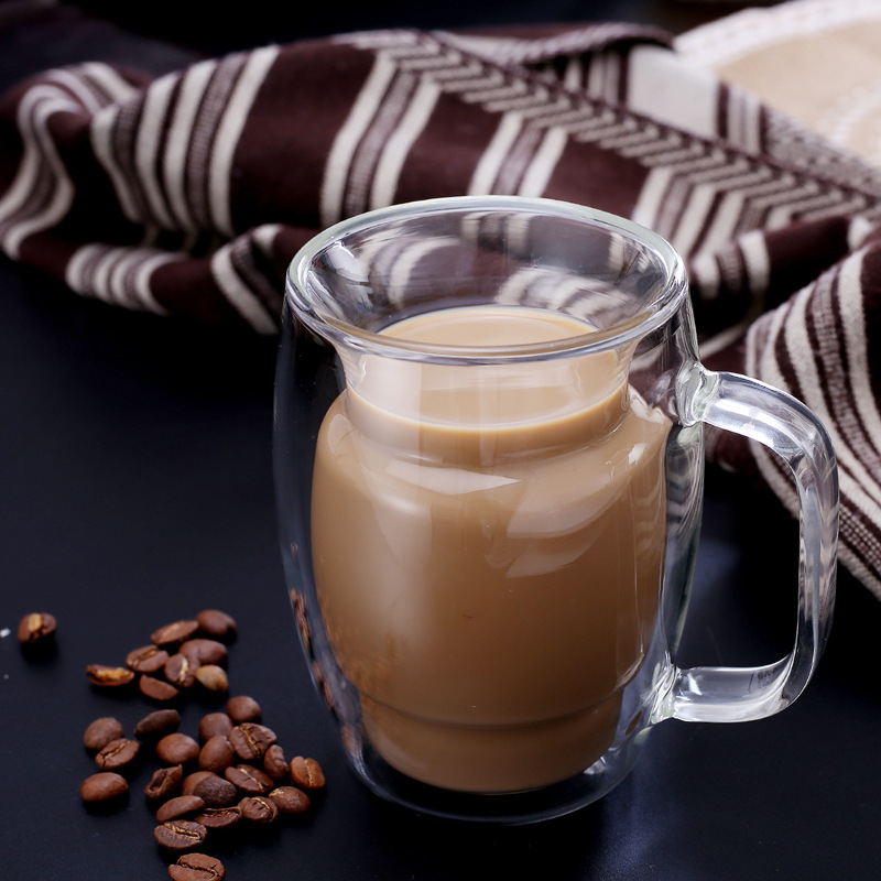 Taza de agua con aislamiento de doble capa con mango taza de café transparente de vidrio borosilicato tienda de bebidas frías taza de jugo de té de leche taza de doble capa taza