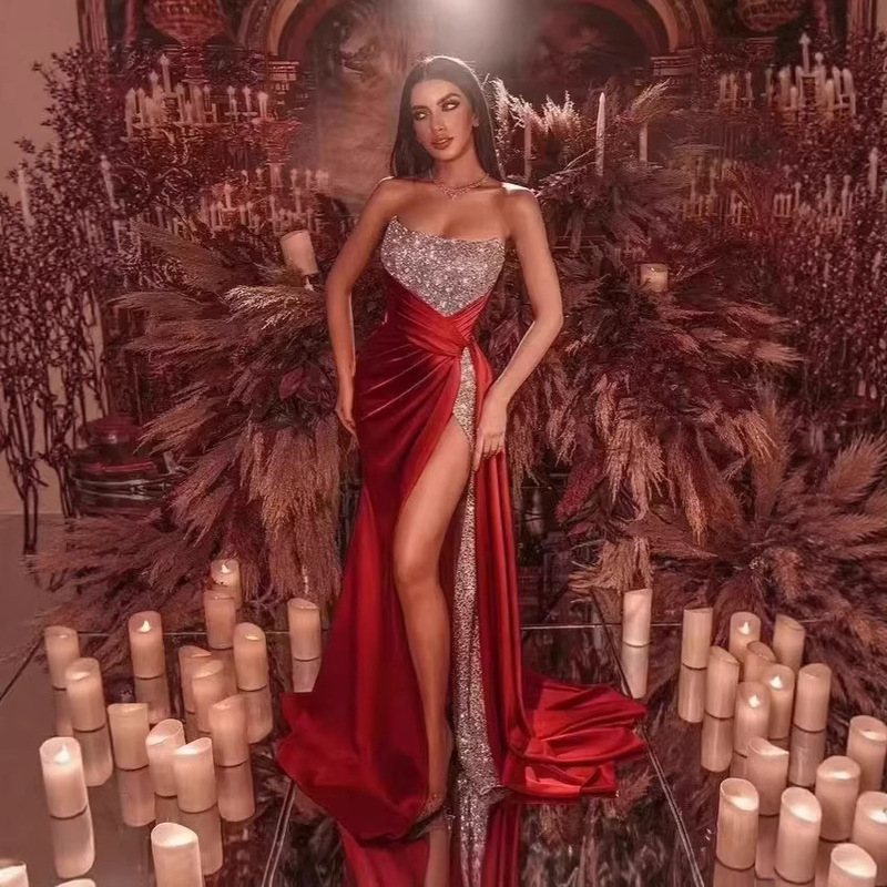 Special Offer European and American Women's Fashion Sequined Slit Red Long Dress Sexy Backless Strapless Flared Sexy Dress Evening Gown