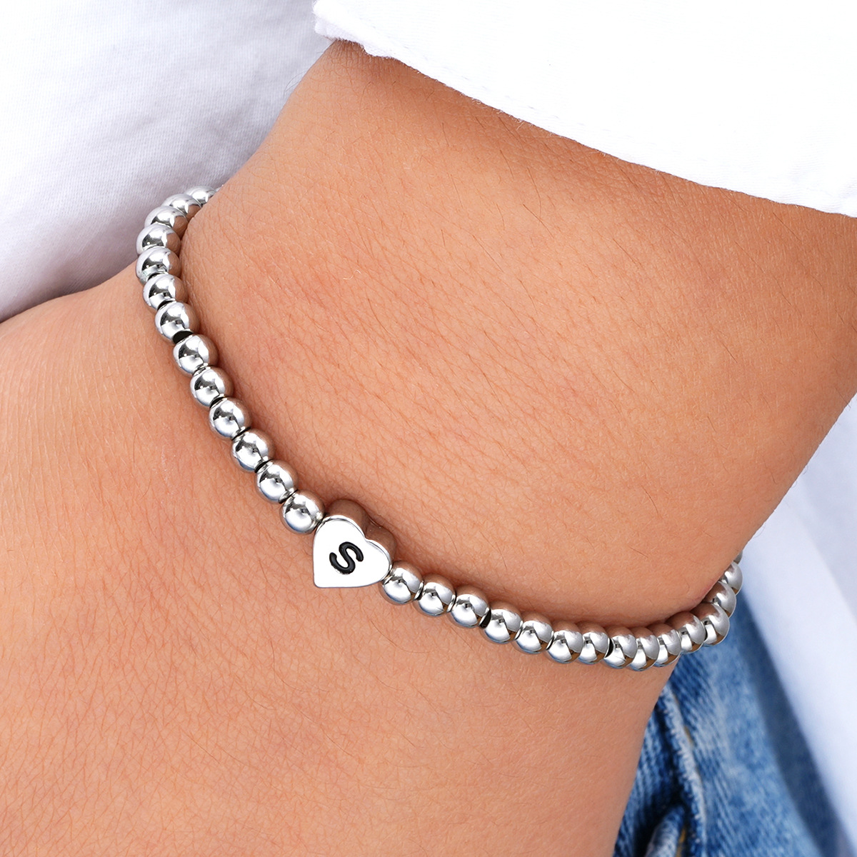 Beaded Initial Heart Bracelet With Custom Copper Letter Charm_voghion.com