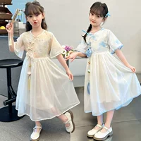 Для девочек Hanfu платье детская одежда платье принцессы летом 2025 новый стиль костюм с короткими рукавами маленькая девочка чонсам юбка женский