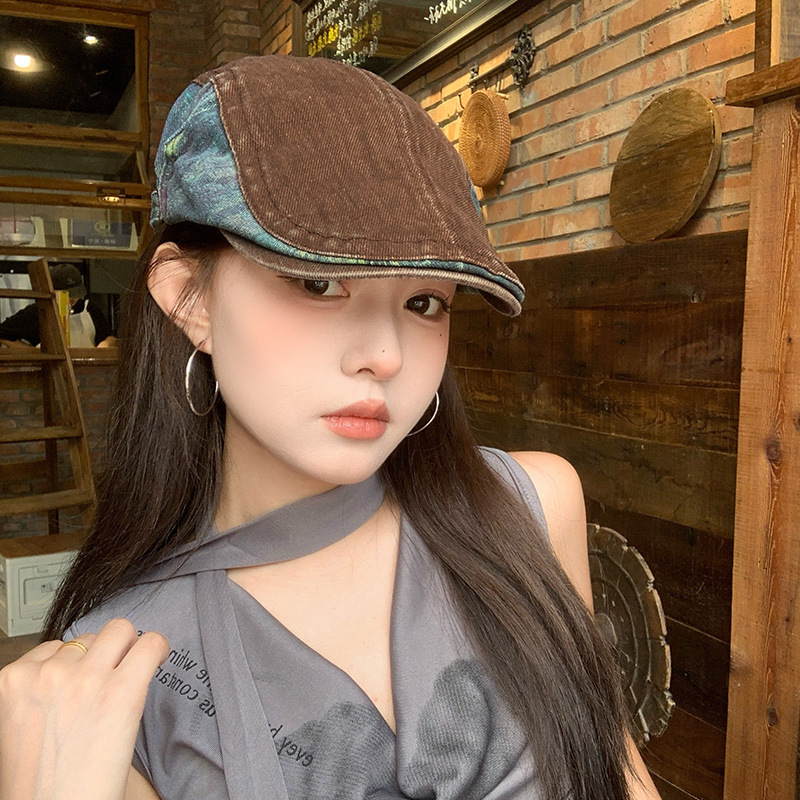 复古拼色牛仔前进帽女2025新款英伦显脸小反戴贝雷帽潮牌鸭舌帽子|undefined