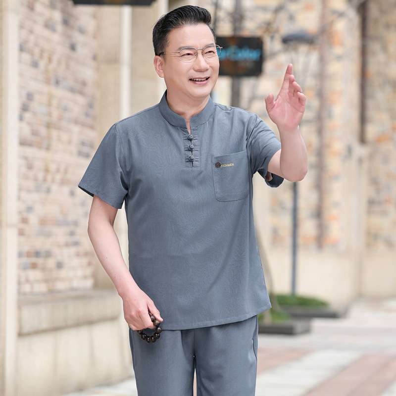 爸爸夏装套装中老年人男士短袖T恤唐装爷爷2026新款中式国风