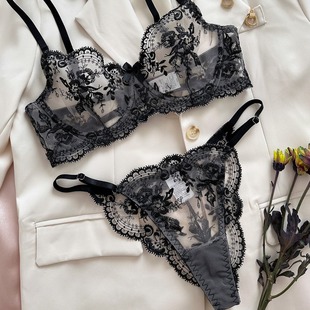 Cabano Cross-Border Best-Selling Flower Embroidery See-Through Mesh Sexy Comfortable Simple Push-Up Sexy Lingerie Set