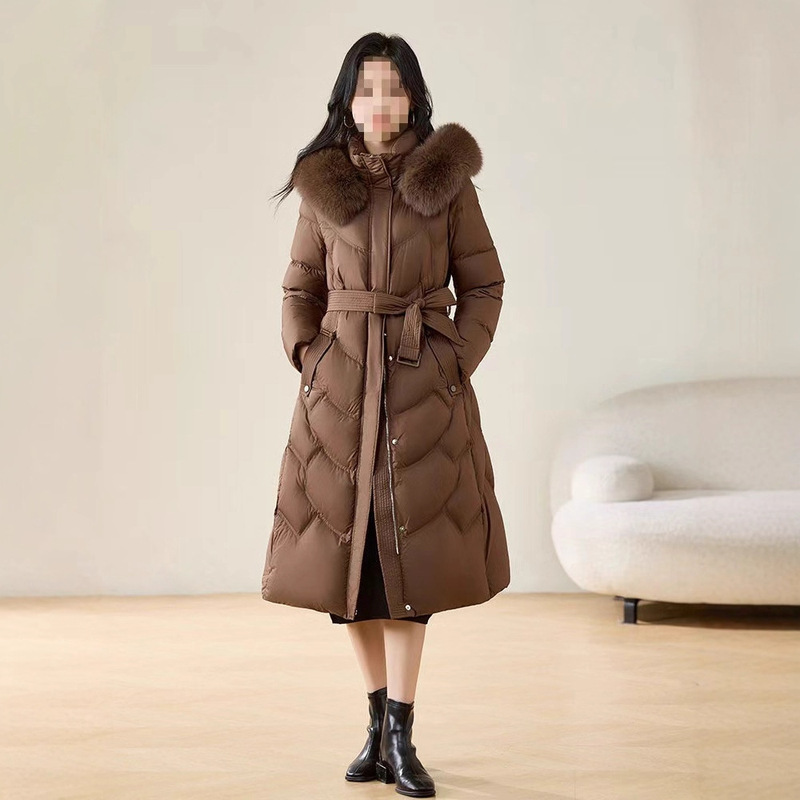 2025 Winter Fashion Slim Fit Fox Fur Collar Duck down Jacket Women's Winter Coffee Color Waist Slimming Slim Fit Hooded Jacket