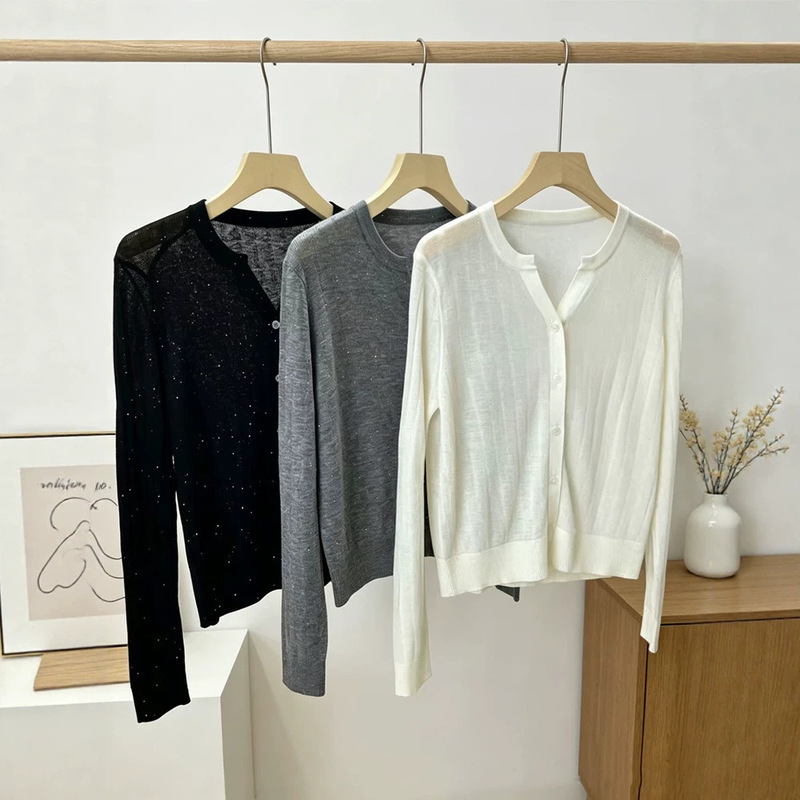200 pieces of round-neck knitted cardigans, 100% Merino water-soluble wool, women's thin sequin long-sleeve tops for spring and autumn