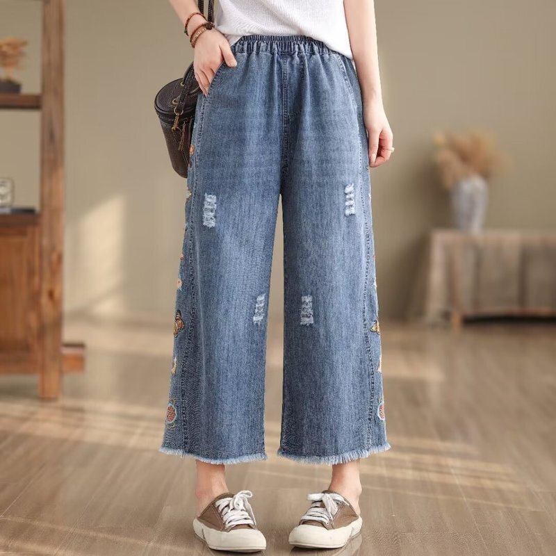 Heavy Embroidery Ethnic Style Wide-Leg Jeans for Women Spring Casual Versatile Straight Cropped Jeans New