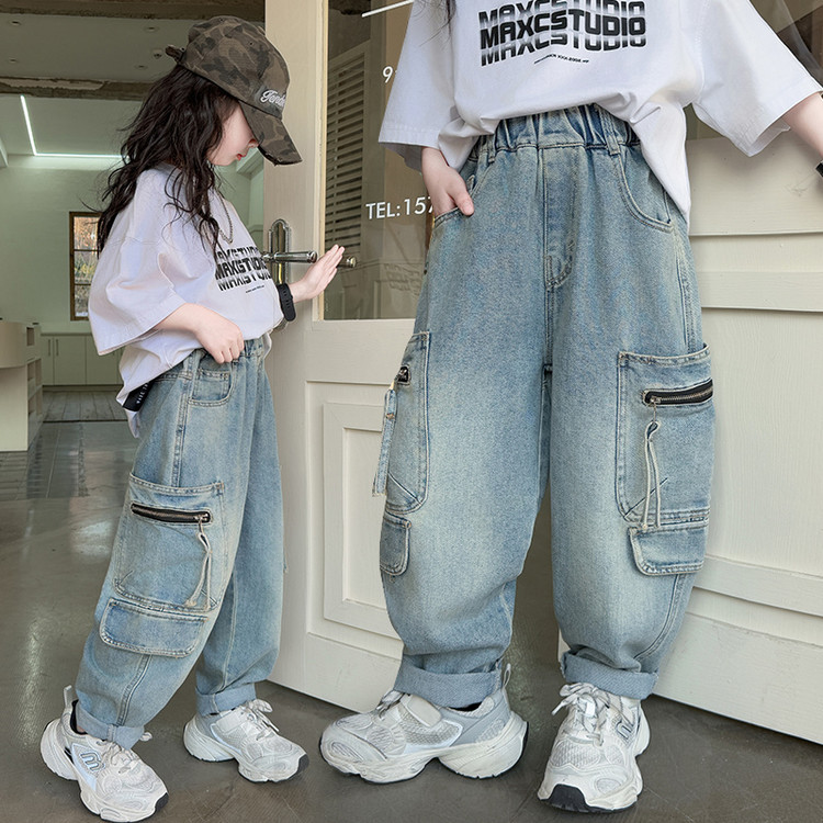 A502 Girls Denim Pocket Zipper Workwear Wide Leg Pants Blue Princess Miscellaneous European And American Jeans_voghion.com