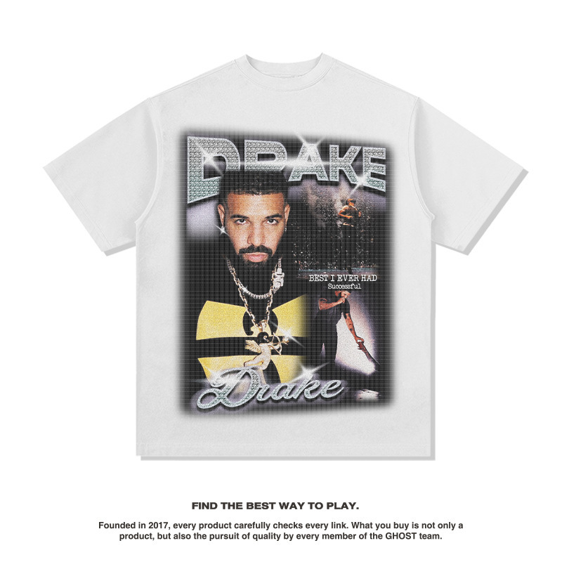 Drake hip hop rap americano street fashion estampado vintage hecho viejo lavado pesado suelto mangas cortas
