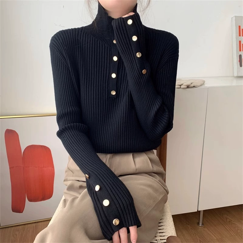Small design body-friendly autumn knitted sweater, high collar, loose fit