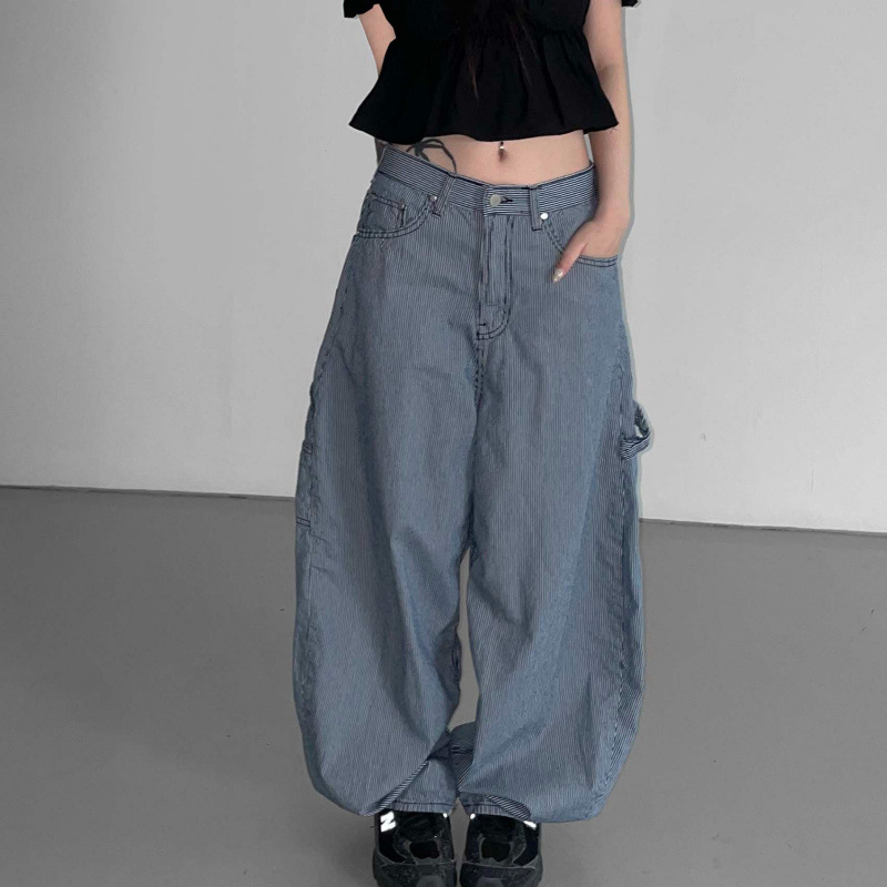 Korean Dongdaemun Women's High-End Navy Striped Workwear Jeans