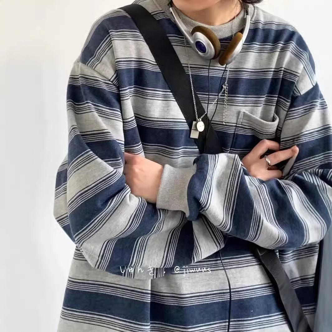 日系复古做旧海魂衫上衣男女生情侣圆领条纹工装卫衣春秋季打跨境