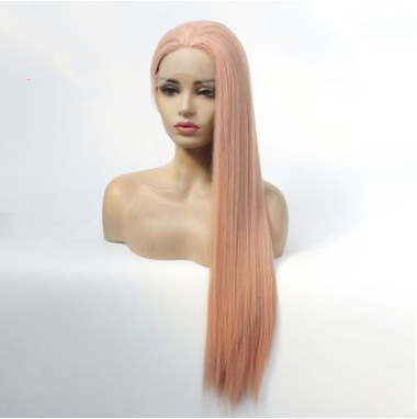 Peruca de fibra química de dama humo rosa parcial recto frente encaje de seda de alta temperatura cubierta de cabeza LW0185