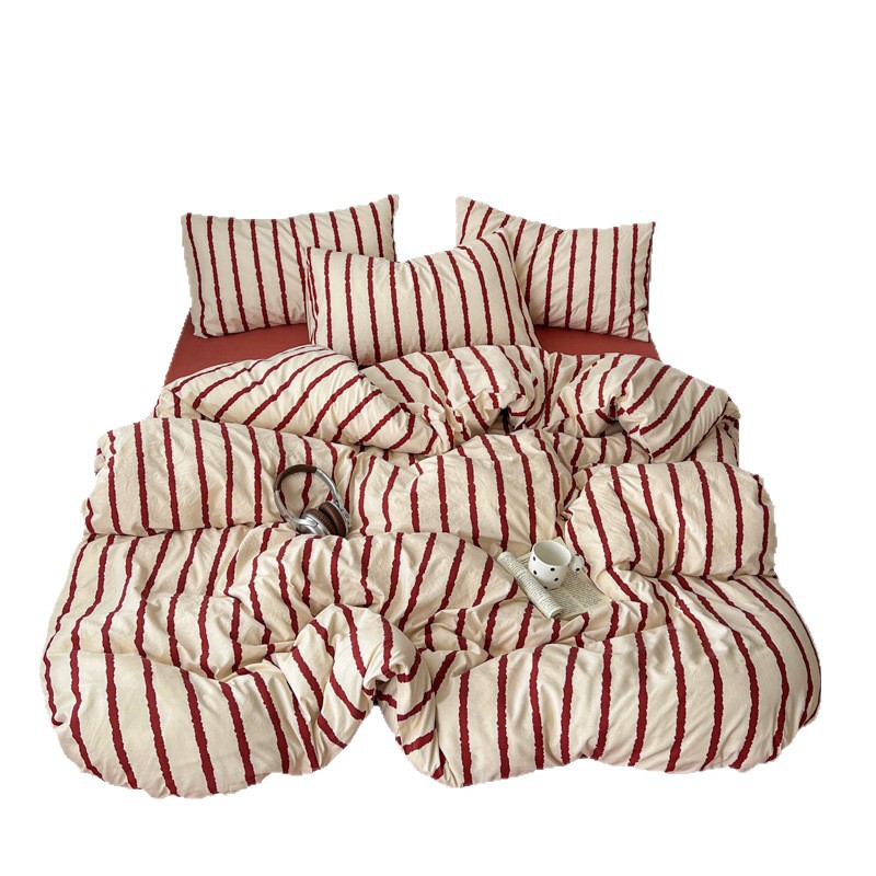 Vintage Washed Cotton Bed Sheet Set Simple Printed Four Piece_voghion.com