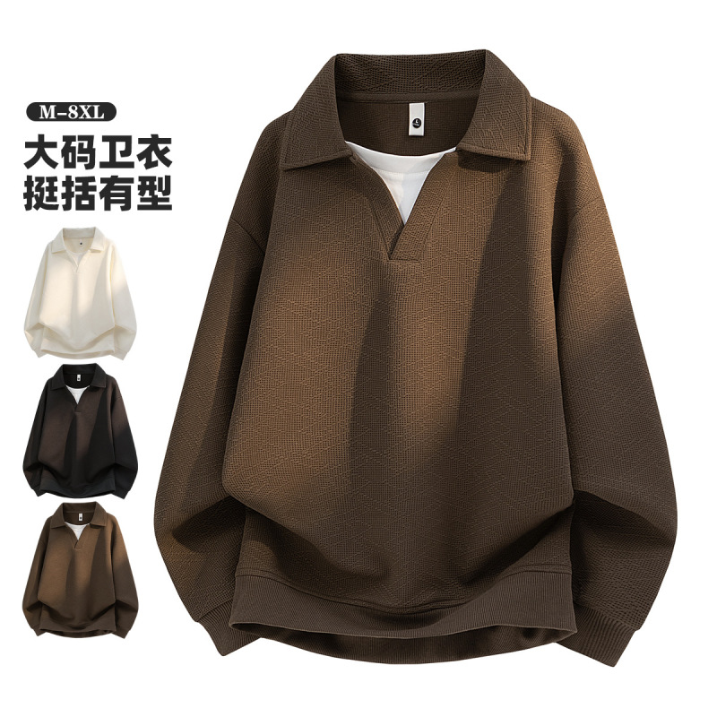 Men's Spring and Autumn Large Size Faux Two-Piece Polo Collar Sweatshirt for Plus-Size Men, Hong Kong Style Casual Pullover, Extra Large Long-Sleeve Top for Men Men's Spring and Autumn Large Size Faux Two-Piece Polo Collar Sweatshirt for Plus-Size Men, Hong Kong Style Casual Pullover, Extra Large Long-Sleeve Top for Men