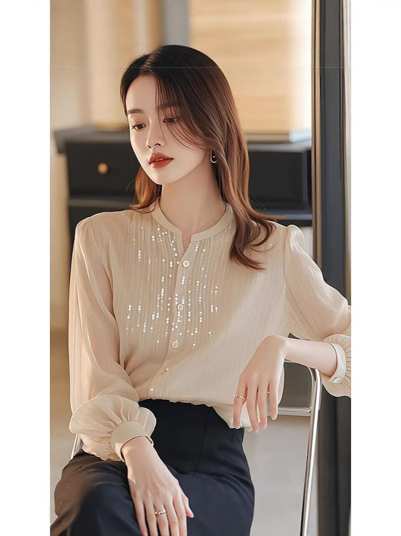 Áo sơ mi nữ dài tay chất liệu lụa trắng phối sequin kiểu Pháp — màu mơ
