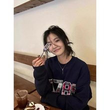 美式加绒连帽卫衣女潮牌街头格子数字印花秋冬季设计感休闲上衣女