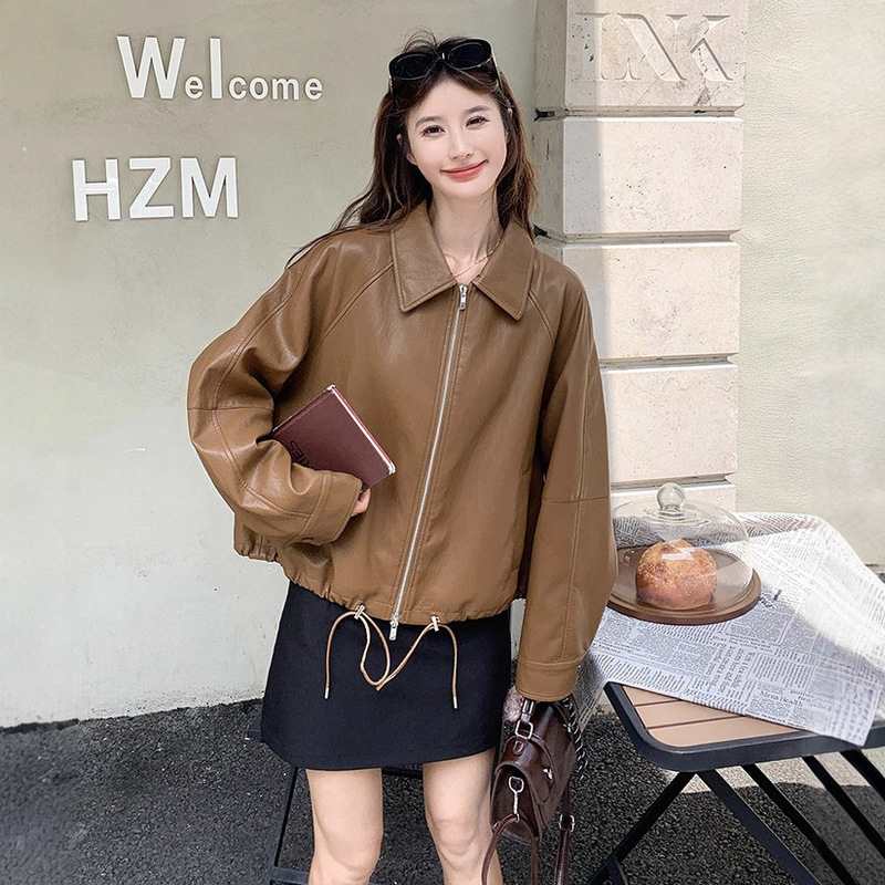 咖色复古蕾丝娃娃领拼接皮衣外套女2025秋季小个子又a又飒夹克|undefined