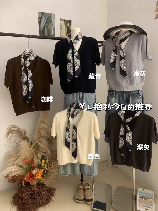 2025早秋新款韩版时尚百搭显瘦高腰休闲百搭短袖针织开衫配丝巾|undefined
