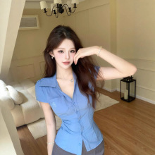白小鱼 原创学院风辣妹掐腰显瘦短袖衬衫女短款上衣夏季衬衣小衫