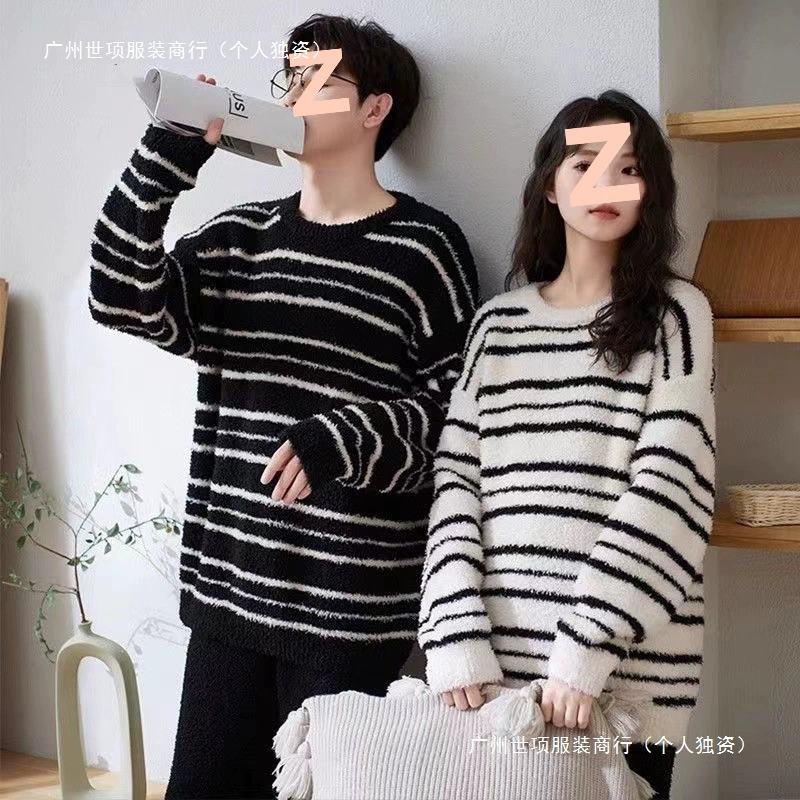 Пара пижамы зимний бархат толстый коралловый бархат мужские женщины осенние и зимние полоски теплые домашние костюмы можно носить на улице