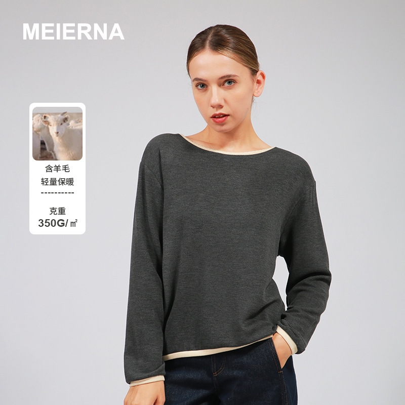 Round Neck Color-Blocked Wool Women's Pullover Base Shirt, Spring and Summer Casual Style, Acrylic Relaxed Fit, Japanese and Korean Style Women's Qd057