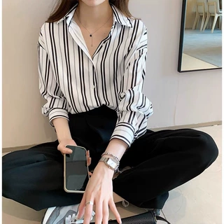 竖条纹衬衫女2026春款韩版宽松设计慵懒轻熟港味法式长袖衬衣